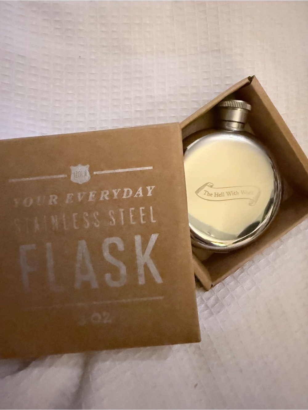 Isola Stainless Steel Round Flask in Silver - “The Hell With Work”
